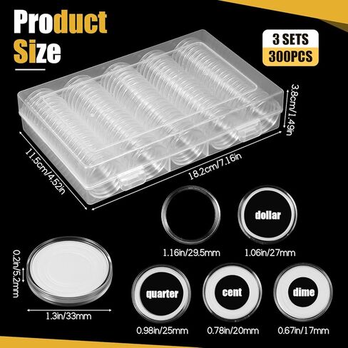 حامل كبسولات عملات معدنية 300 قطعة مع حشية إسفنجية، مستلزمات جمع العملات المعدنية المستديرة مع صندوق تخزين، (17/20/25/27/30 مم) حقيبة تخزين عملات بلاستيكية شفافة مقاس 5، حاملات حماية للعملات المعدنية لهواة التجميع in Kuwait