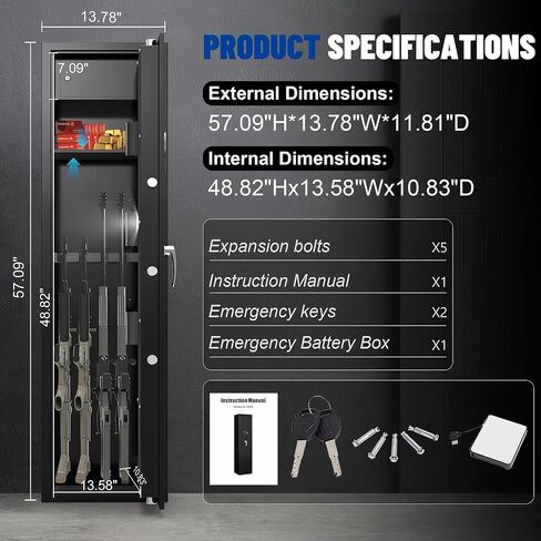 SHICHI 8-10 بندقية إلكترونية آمنة للبنادق، خزانة أسلحة للبنادق والبنادق، لا تحتاج إلى تجميع، خزائن بنادق كبيرة للمنزل، مع نظام إنذار مزدوج، خزانة داخلية ورف قابل للتعديل in Kuwait