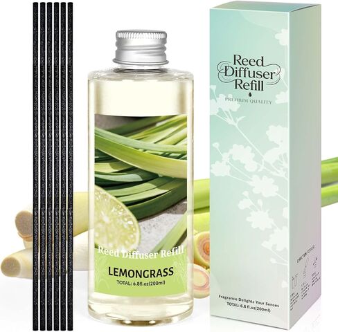 STRN Reed Diffuser Essential Oil Refill, Lemongrass Scent 200ml with Sticks, Long-Lasting Aromatherapy, Natural Fragrance Liquid with Eco-Friendly Bottle for Home, Bedroom, Spa in Kuwait