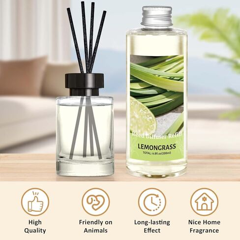 STRN Reed Diffuser Essential Oil Refill, Lemongrass Scent 200ml with Sticks, Long-Lasting Aromatherapy, Natural Fragrance Liquid with Eco-Friendly Bottle for Home, Bedroom, Spa in Kuwait