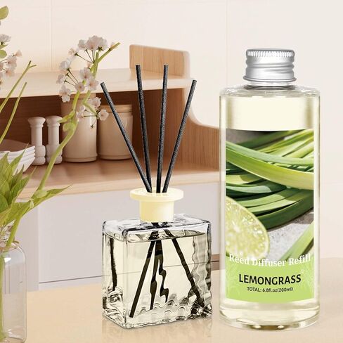 STRN Reed Diffuser Essential Oil Refill, Lemongrass Scent 200ml with Sticks, Long-Lasting Aromatherapy, Natural Fragrance Liquid with Eco-Friendly Bottle for Home, Bedroom, Spa in Kuwait