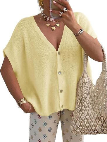Women's Spring Oversized Cardigans Batwing Short Sleeve Lightweight Button Knit Sweater Vest Tops in Saudi Arabia