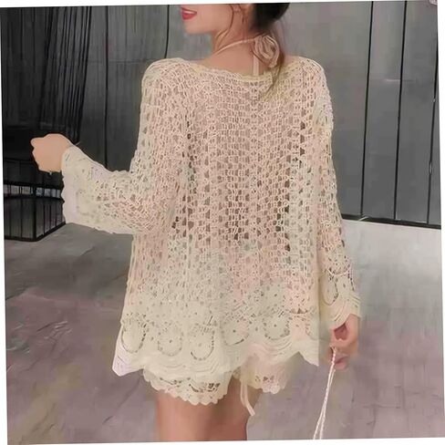 كارديجان صيفي للنساء من القطن الكريمي الأبيض بأكمام طويلة مجوف من الكروشيه محبوك بوهو زهري ربيعي مسامي دانتيل كروشيه محبوك كيمونو، متوسط ​​الحجم in Kuwait