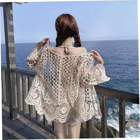 كارديجان صيفي للنساء من القطن الكريمي الأبيض بأكمام طويلة مجوف من الكروشيه محبوك بوهو زهري ربيعي مسامي دانتيل كروشيه محبوك كيمونو، متوسط ​​الحجم in Kuwait