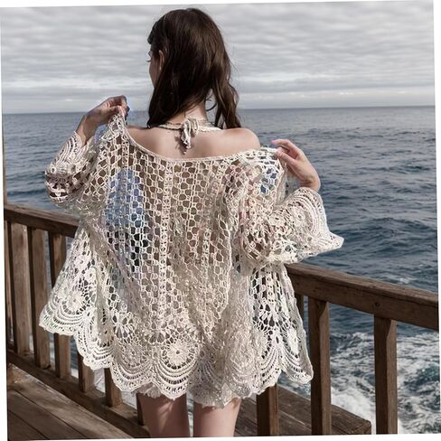 كارديجان صيفي للنساء من القطن الكريمي الأبيض بأكمام طويلة مجوف من الكروشيه محبوك بوهو زهري ربيعي مسامي دانتيل كروشيه محبوك كيمونو، متوسط ​​الحجم in Kuwait