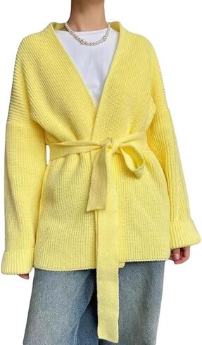 GGUHHU Open Front Cardigan for Women, V-Neck Long Sleeve Solid Color Wrap Sweater Coat with Belt in Kuwait