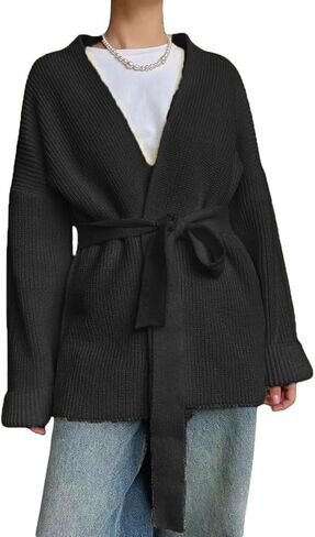 GGUHHU Open Front Cardigan for Women, V-Neck Long Sleeve Solid Color Wrap Sweater Coat with Belt in Saudi Arabia