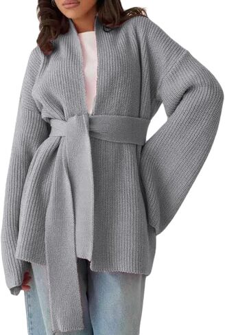 GGUHHU Open Front Cardigan for Women, V-Neck Long Sleeve Solid Color Wrap Sweater Coat with Belt in Saudi Arabia