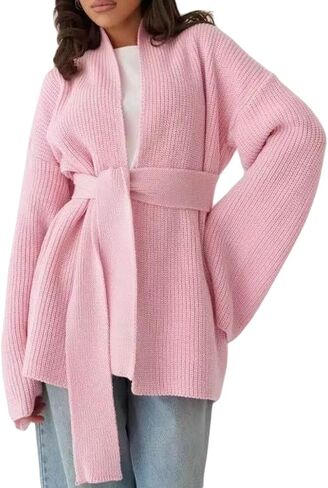 GGUHHU Open Front Cardigan for Women, V-Neck Long Sleeve Solid Color Wrap Sweater Coat with Belt in Saudi Arabia