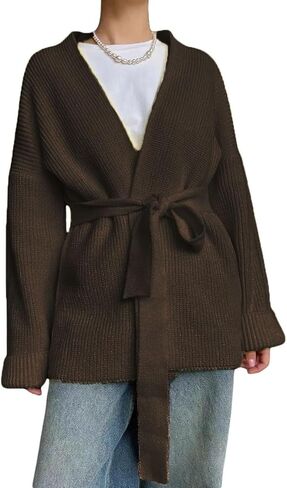 GGUHHU Open Front Cardigan for Women, V-Neck Long Sleeve Solid Color Wrap Sweater Coat with Belt in Saudi Arabia
