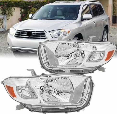 OE Style Headlight Assembly Set For 2008 2009 2010 Toyota Highlander Base Limited SE Sport SUV Replacement Bumper Headlamps Chrome Housing Clear Reflector Driver and Passenger(Left+Driver side in Saudi Arabia