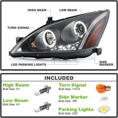 ACANII - For 2003-2007 Honda Accord LED Dual Halo Black Housing Projector Headlights Headlamps, Driver & Passenger Side in Saudi Arabia