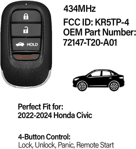 Replacement for Honda Civic Key Fob Remote Control 2022 2023 4 Buttons 434MHz KR5TP-4,Black in Saudi Arabia