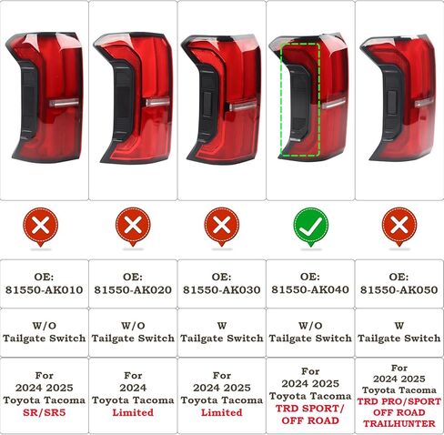 81550-AK040 LH مجموعة مصابيح خلفية LED مناسبة لـ 2024 2025 Toyota Tacoma TRD SPORT/OFF مصباح فرامل للطرق الوعرة مع مفتاح الباب الخلفي للسائق الأيسر مصباح خلفي للباب نوع يدوي إطار رمادي مع ضوء جانبي in Kuwait