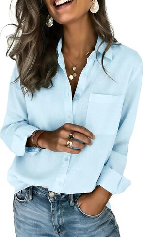 Zeagoo Womens Linen Button Down Shirts Long Sleeve Cotton Gauze Tops Casual Collared Blouses Loose Fit in Saudi Arabia