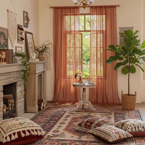 Orange Fall Colors Bedroom Living Room Curtains 102 Inches Long - 2 Panel Set, Rod Pocket & Tassel Trim, Bohemian Western Retro Style, Light Filtering Drapes Art Deco in Kuwait