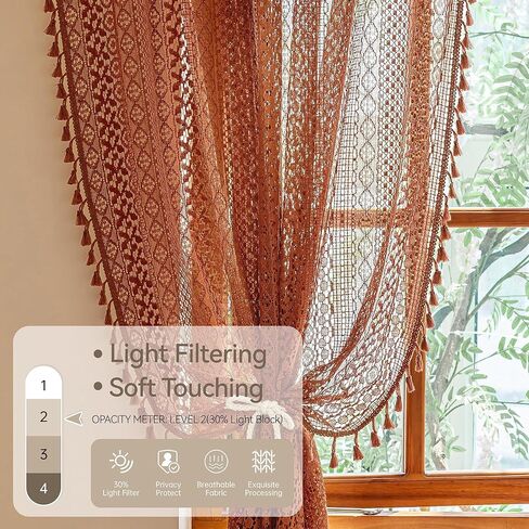 Orange Fall Colors Bedroom Living Room Curtains 102 Inches Long - 2 Panel Set, Rod Pocket & Tassel Trim, Bohemian Western Retro Style, Light Filtering Drapes Art Deco in Kuwait