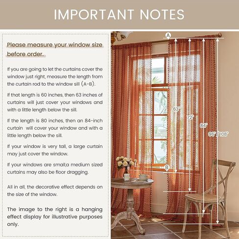 Orange Fall Colors Bedroom Living Room Curtains 102 Inches Long - 2 Panel Set, Rod Pocket & Tassel Trim, Bohemian Western Retro Style, Light Filtering Drapes Art Deco in Kuwait