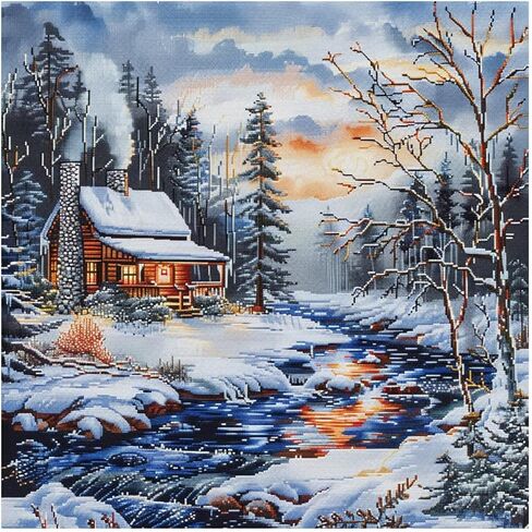 Xinpinzhou 11ct Cross Stitch Kits, 11 CT Funny Pre Printed Counted Stamped Cross Stitch Embroidery Needlepoint Cottage in Snow Landscape Patterns Kits for Beginners Adults Crossstitch in Kuwait