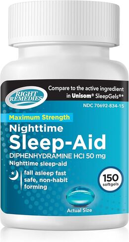Nighttime Sleep Aid Softgels, (150 softgels), Diphenhydramine HCI 50 mg, Fall Asleep Fast, Supports Deeper, Restful Sleep in Kuwait