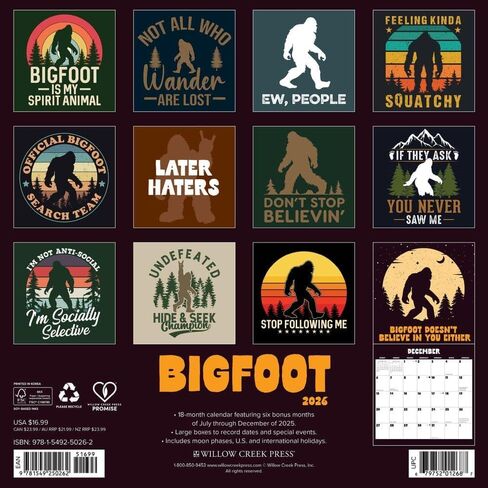 Willow Creek Press، تقويم حائط Bigfoot 2026، 12 بوصة × 12 بوصة، تقويم لمدة 18 شهرًا مع غلاف مثبت in Saudi Arabia