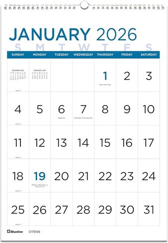 Blueline® 2026 Monthly Wall Calendar, Large Print, 12 Months, January to December, Twin-Wire Binding, 12" x 17" (C173106-26) in Saudi Arabia