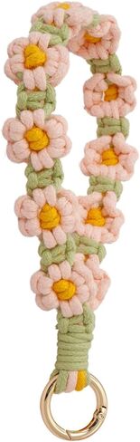 سوار سلسلة مفاتيح MemeChic Boho، سوار معصم من القطن المنسوج يدويًا مع سحر زهرة، سوار حلقة مفاتيح هدية عيد الميلاد للنساء in Kuwait