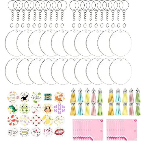 Joyclub Acrylic Keychain Blanks Kit - 140 Pcs Including Clear Round Acrylic Blanks, UV Stickers, Tassels, Key Rings, Jump Rings, Packing Cards and Bags for DIY Vinyl Crafting in Kuwait