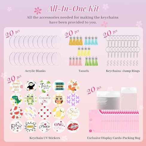 Joyclub Acrylic Keychain Blanks Kit - 140 Pcs Including Clear Round Acrylic Blanks, UV Stickers, Tassels, Key Rings, Jump Rings, Packing Cards and Bags for DIY Vinyl Crafting in Kuwait
