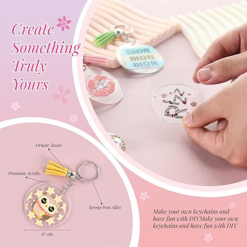 Joyclub Acrylic Keychain Blanks Kit - 140 Pcs Including Clear Round Acrylic Blanks, UV Stickers, Tassels, Key Rings, Jump Rings, Packing Cards and Bags for DIY Vinyl Crafting in Kuwait