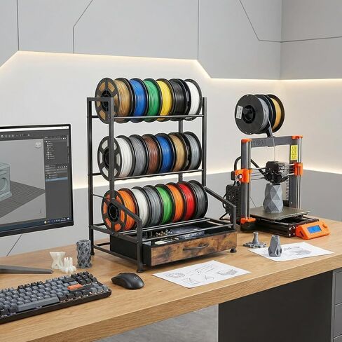 رف تخزين خيوط الطابعة ثلاثية الأبعاد مع درج من القماش، مقاوم للغبار ومعدن قوي ملحق طباعة ثلاثي الأبعاد لمساحة العمل المنظمة، حامل بكرة قوي لمنظم خيوط النايلون PLA ABS TPU in Kuwait