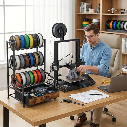 رف تخزين خيوط الطابعة ثلاثية الأبعاد مع درج من القماش، مقاوم للغبار ومعدن قوي ملحق طباعة ثلاثي الأبعاد لمساحة العمل المنظمة، حامل بكرة قوي لمنظم خيوط النايلون PLA ABS TPU in Kuwait