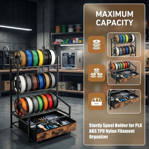 رف تخزين خيوط الطابعة ثلاثية الأبعاد مع درج من القماش، مقاوم للغبار ومعدن قوي ملحق طباعة ثلاثي الأبعاد لمساحة العمل المنظمة، حامل بكرة قوي لمنظم خيوط النايلون PLA ABS TPU in Kuwait