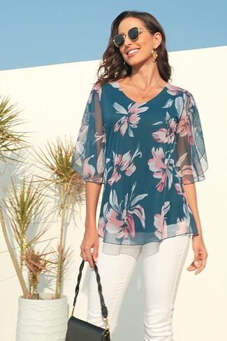 Women's V Neck Ruffle 3/4 Sleeve Blouse – Flowy Mesh Dressy Top for Evening Outings, Date Night & Special Occasions in Saudi Arabia