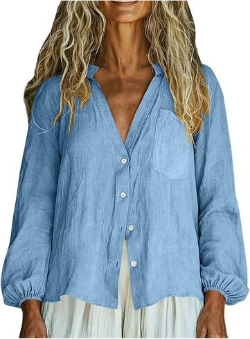 Ladies Button Down Shirts Cotton Linen Long Sleeve Casual Blouses Collarless V Neck Lightweight Vacation Tops in Saudi Arabia