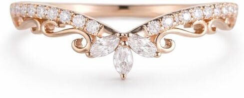14K Rose Gold Curved Wedding Band Diamond Accent Tiara Ring V Shape Promise Jewelry Elegant Marquise Cluster Crown for Women Gift in Saudi Arabia