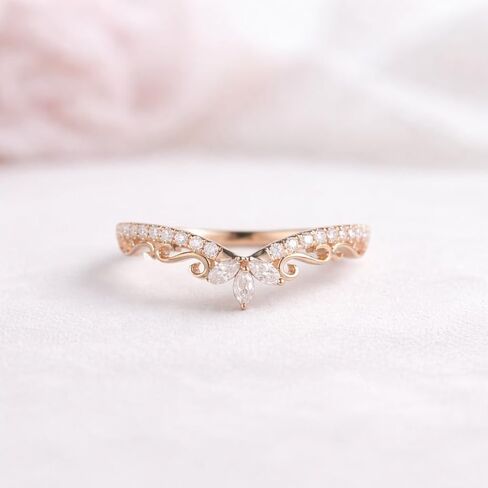 14K Rose Gold Curved Wedding Band Diamond Accent Tiara Ring V Shape Promise Jewelry Elegant Marquise Cluster Crown for Women Gift in Saudi Arabia