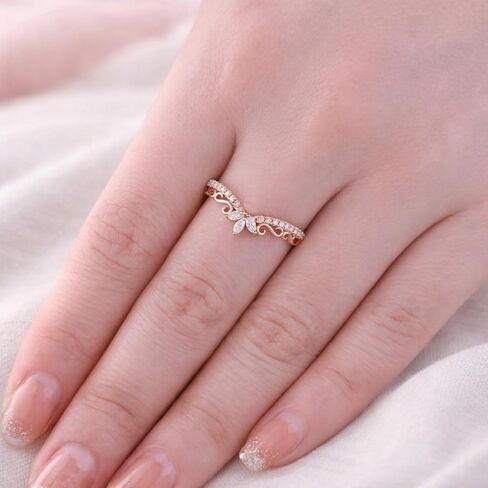 14K Rose Gold Curved Wedding Band Diamond Accent Tiara Ring V Shape Promise Jewelry Elegant Marquise Cluster Crown for Women Gift in Saudi Arabia