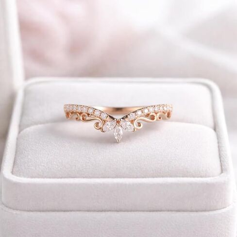 14K Rose Gold Curved Wedding Band Diamond Accent Tiara Ring V Shape Promise Jewelry Elegant Marquise Cluster Crown for Women Gift in Saudi Arabia