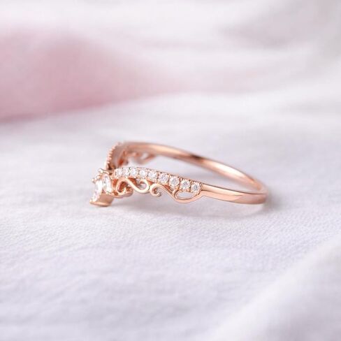 14K Rose Gold Curved Wedding Band Diamond Accent Tiara Ring V Shape Promise Jewelry Elegant Marquise Cluster Crown for Women Gift in Saudi Arabia