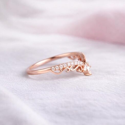 14K Rose Gold Curved Wedding Band Diamond Accent Tiara Ring V Shape Promise Jewelry Elegant Marquise Cluster Crown for Women Gift in Saudi Arabia