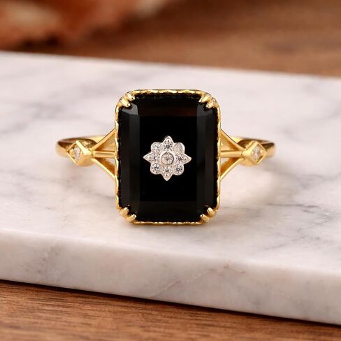 Emerald Cut Black Onyx Ring for Women in 14K Yellow Gold Art Deco Diamond Engagement Ring Vintage Wedding Jewelry Personalized Gift in Saudi Arabia