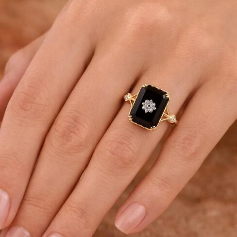 Emerald Cut Black Onyx Ring for Women in 14K Yellow Gold Art Deco Diamond Engagement Ring Vintage Wedding Jewelry Personalized Gift in Saudi Arabia