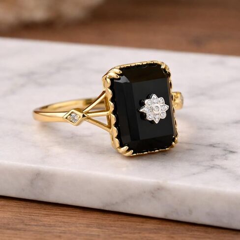 Emerald Cut Black Onyx Ring for Women in 14K Yellow Gold Art Deco Diamond Engagement Ring Vintage Wedding Jewelry Personalized Gift in Saudi Arabia