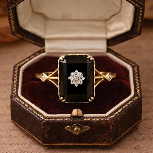 Emerald Cut Black Onyx Ring for Women in 14K Yellow Gold Art Deco Diamond Engagement Ring Vintage Wedding Jewelry Personalized Gift in Saudi Arabia