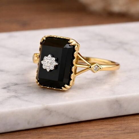 Emerald Cut Black Onyx Ring for Women in 14K Yellow Gold Art Deco Diamond Engagement Ring Vintage Wedding Jewelry Personalized Gift in Saudi Arabia