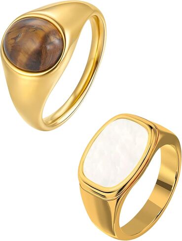 YeGieonr Gold Rings for Women Non Tarnish 2pcs Set, Signet & Chunky Statement Rings, Waterproof, 18K Gold Plated Stainless Steel – Fashion Jewelry Gift in Kuwait