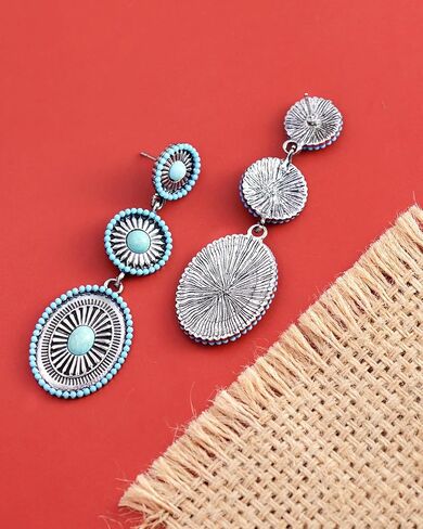 Ronglry Western Earrings Outfit for Women Silver Boho Turquoise Earrings for Women Vintage Concho Earring Cowboy Cowgirl Accessories Western Jewelry Country Concert Outfits for Womens Westerns Dress in Kuwait