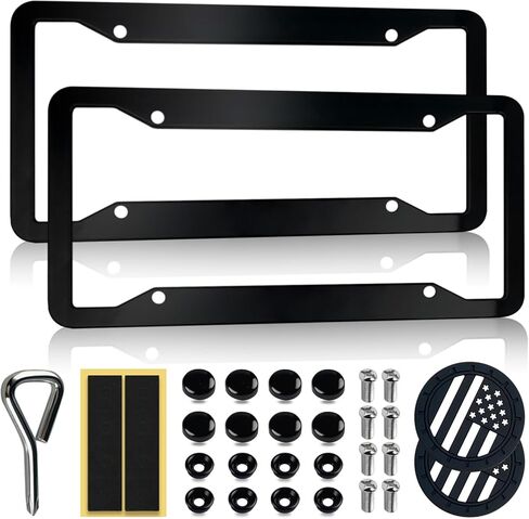 2 Pack OLLEN Gloss Black License Plate Frames, Aluminum Alloy Heavy Duty Car Tag Holder Protector, with Mount Hardware, Car Cup Coasters, Anti-Theft Caps, Rattle Proof Pads, Screwdriver, Black in Kuwait