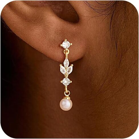 أقراط لؤلؤ تشيسكي للنساء أقراط متدلية من لؤلؤ المياه العذبة الصغيرة عيار 14 قيراط مطلية بالذهب أقراط أنيقة للنساء أقراط ذهبية عصرية هدايا مجوهرات الزفاف in Kuwait